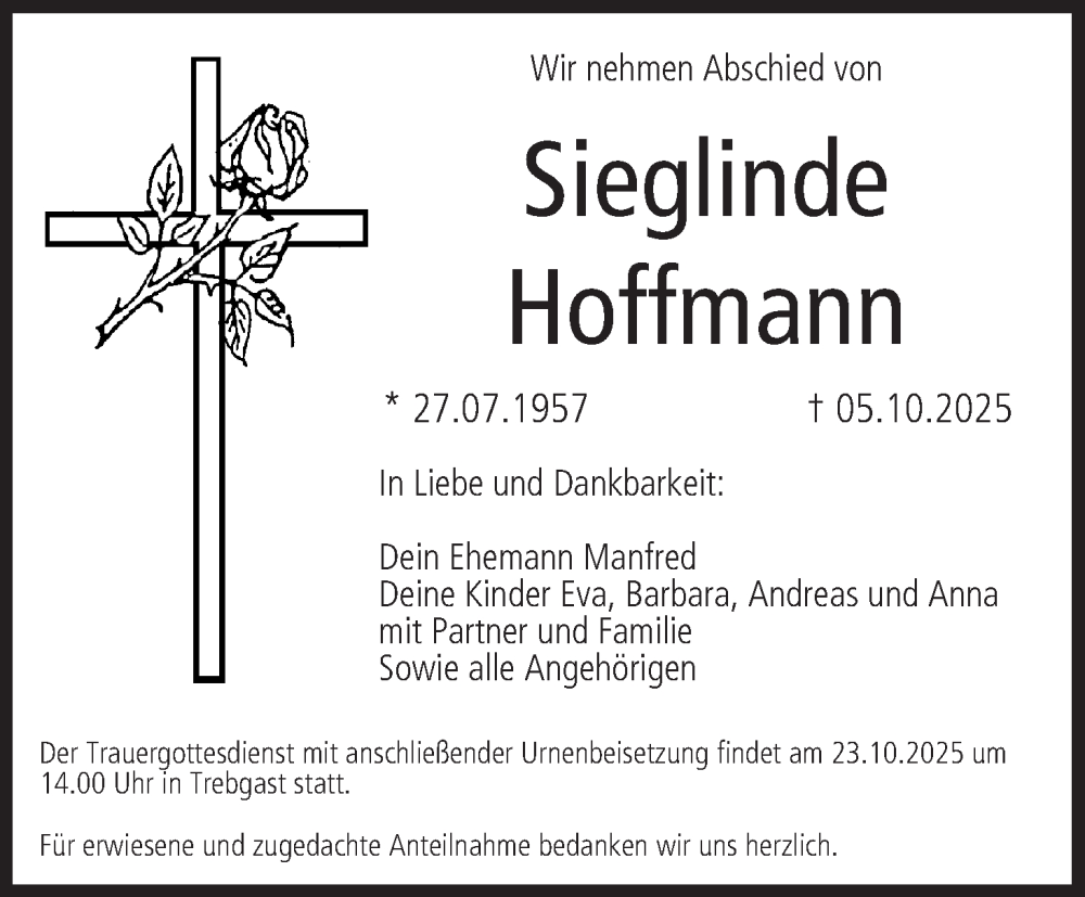  Traueranzeige für Sieglinde Hoffmann vom 20.10.2025 aus MGO