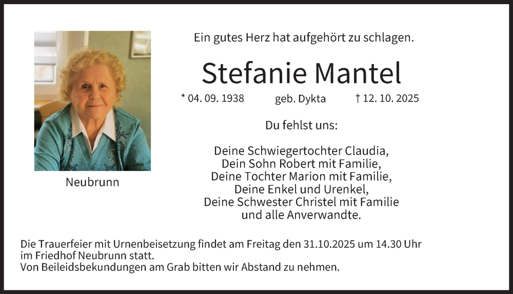  Traueranzeige für Stefanie Mantel vom 25.10.2025 aus MGO