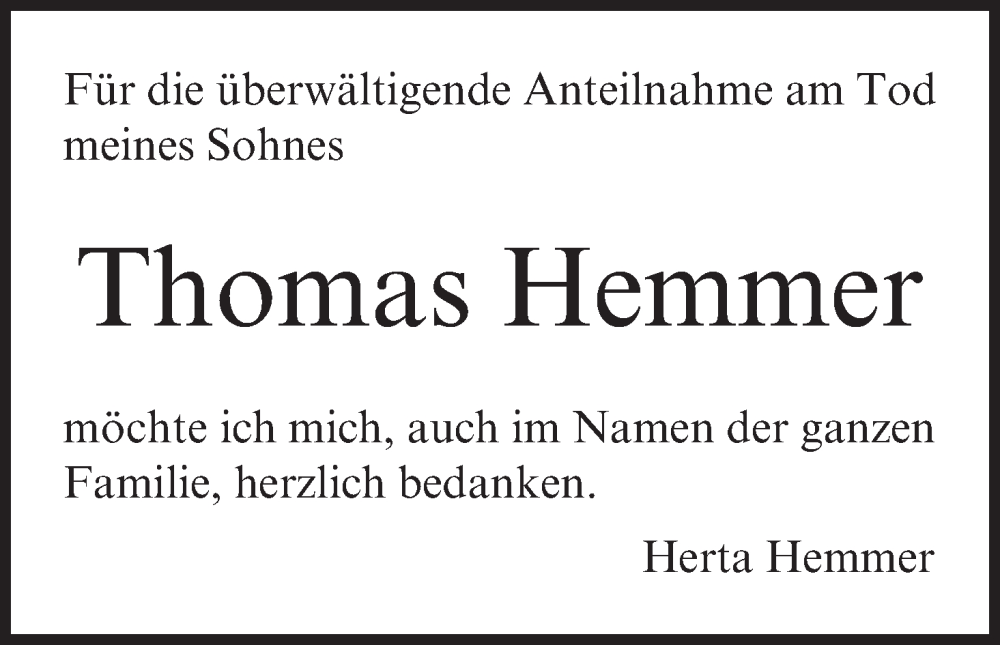  Traueranzeige für Thomas Hemmer vom 04.10.2025 aus MGO