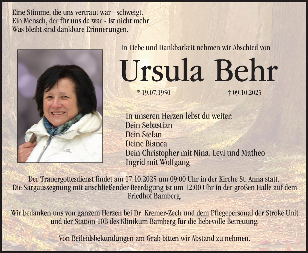  Traueranzeige für Ursula Behr vom 15.10.2025 aus MGO