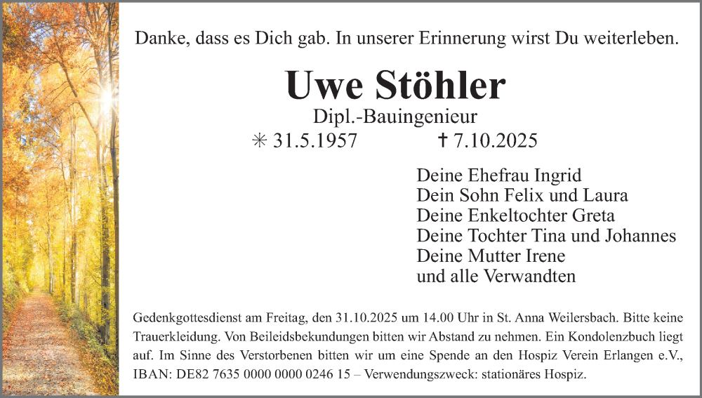  Traueranzeige für Uwe Stöhler vom 11.10.2025 aus MGO
