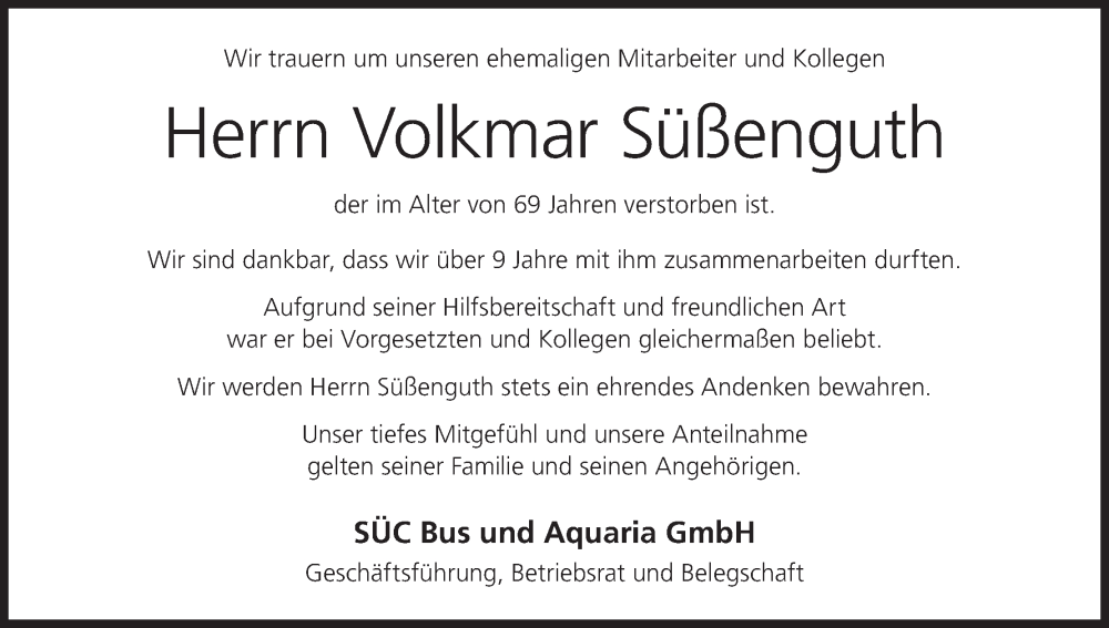  Traueranzeige für Volkmar Süßenguth vom 25.10.2025 aus MGO