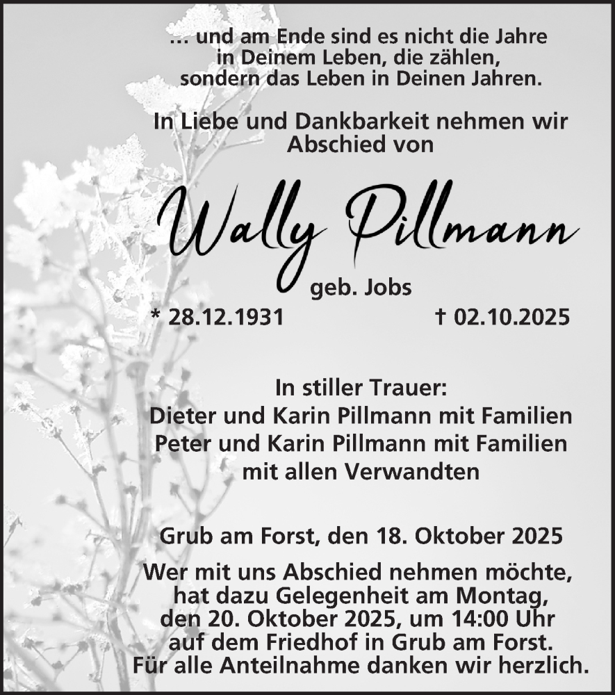  Traueranzeige für Wally Pillmann vom 18.10.2025 aus MGO