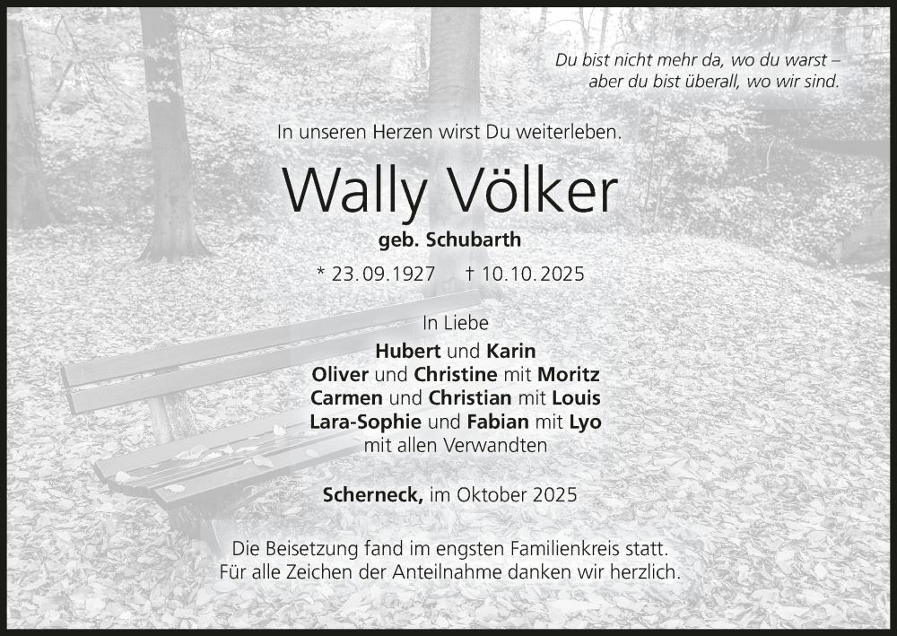  Traueranzeige für Wally Völker vom 25.10.2025 aus MGO