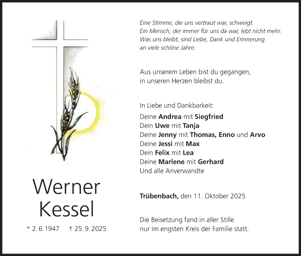  Traueranzeige für Werner Kessel vom 11.10.2025 aus MGO
