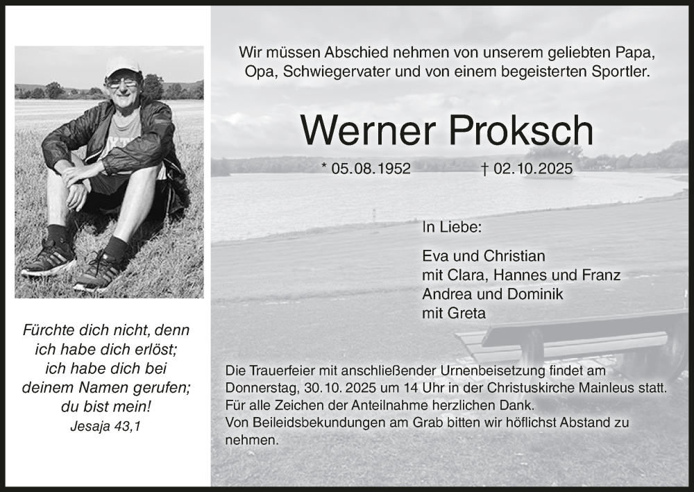  Traueranzeige für Werner Proksch vom 18.10.2025 aus MGO