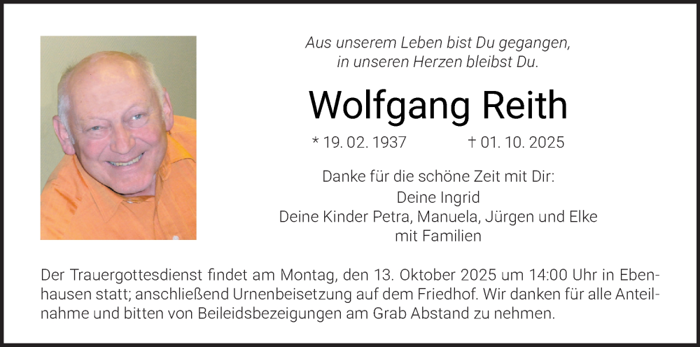  Traueranzeige für Wolfgang Reith vom 04.10.2025 aus MGO