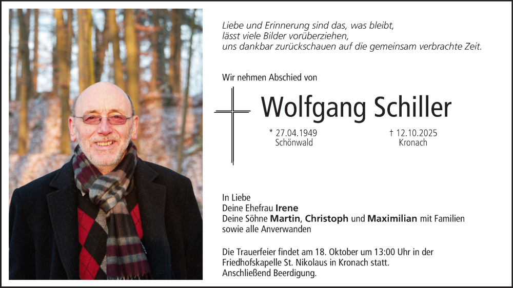  Traueranzeige für Wolfgang Schiller vom 15.10.2025 aus MGO