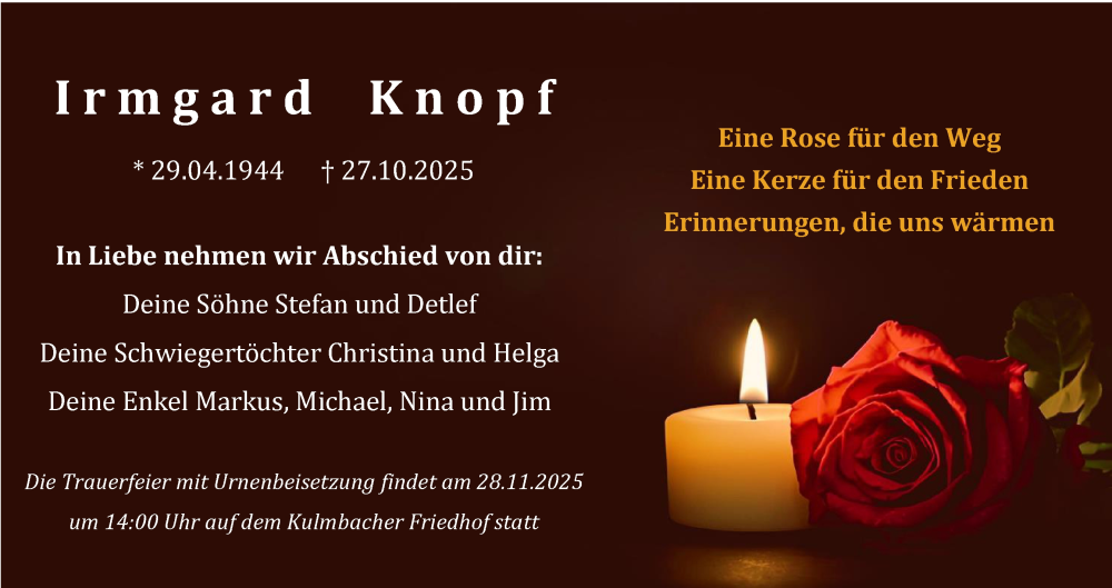  Traueranzeige für Irmgard Knopf vom 22.11.2025 aus MGO