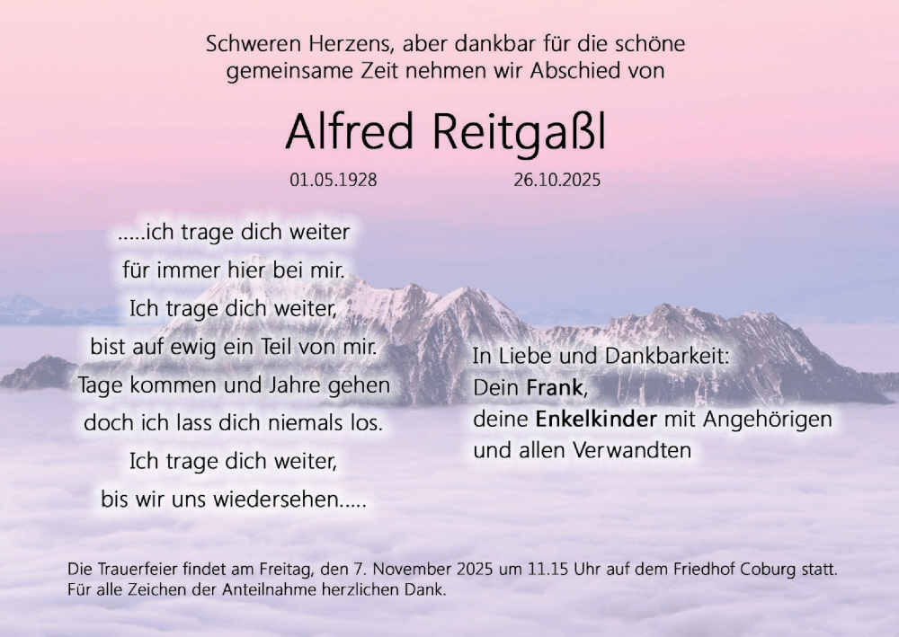  Traueranzeige für Alfred Reitgalßl vom 31.10.2025 aus MGO