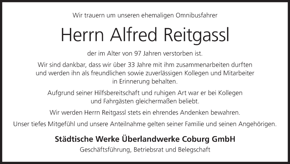  Traueranzeige für Alfred Reitgassl vom 08.11.2025 aus MGO