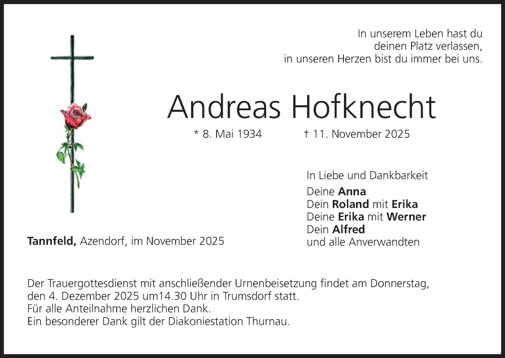  Traueranzeige für Andreas Hofknecht vom 29.11.2025 aus MGO