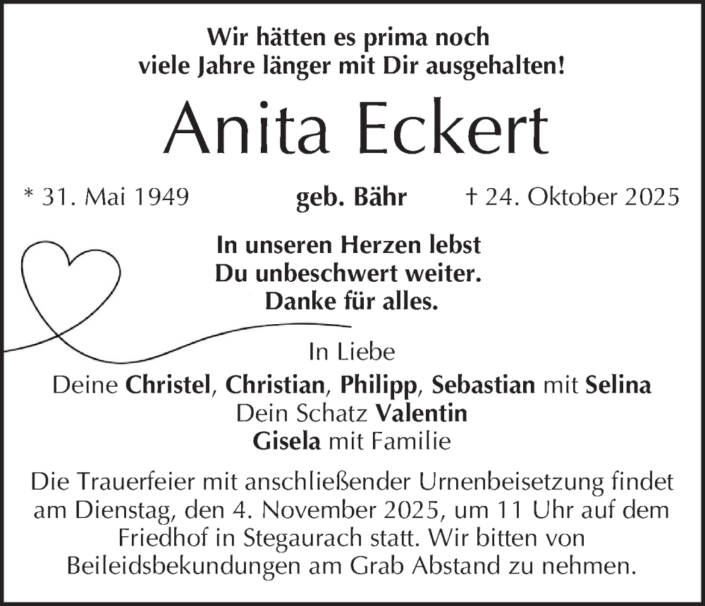  Traueranzeige für Anita Eckert vom 31.10.2025 aus MGO