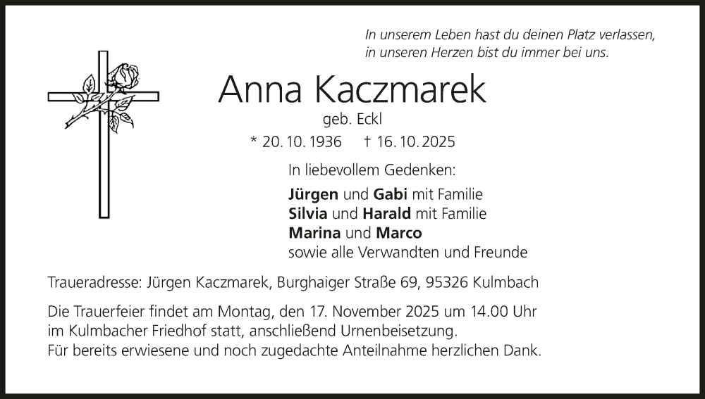  Traueranzeige für Anna Kaczmarek vom 15.11.2025 aus MGO