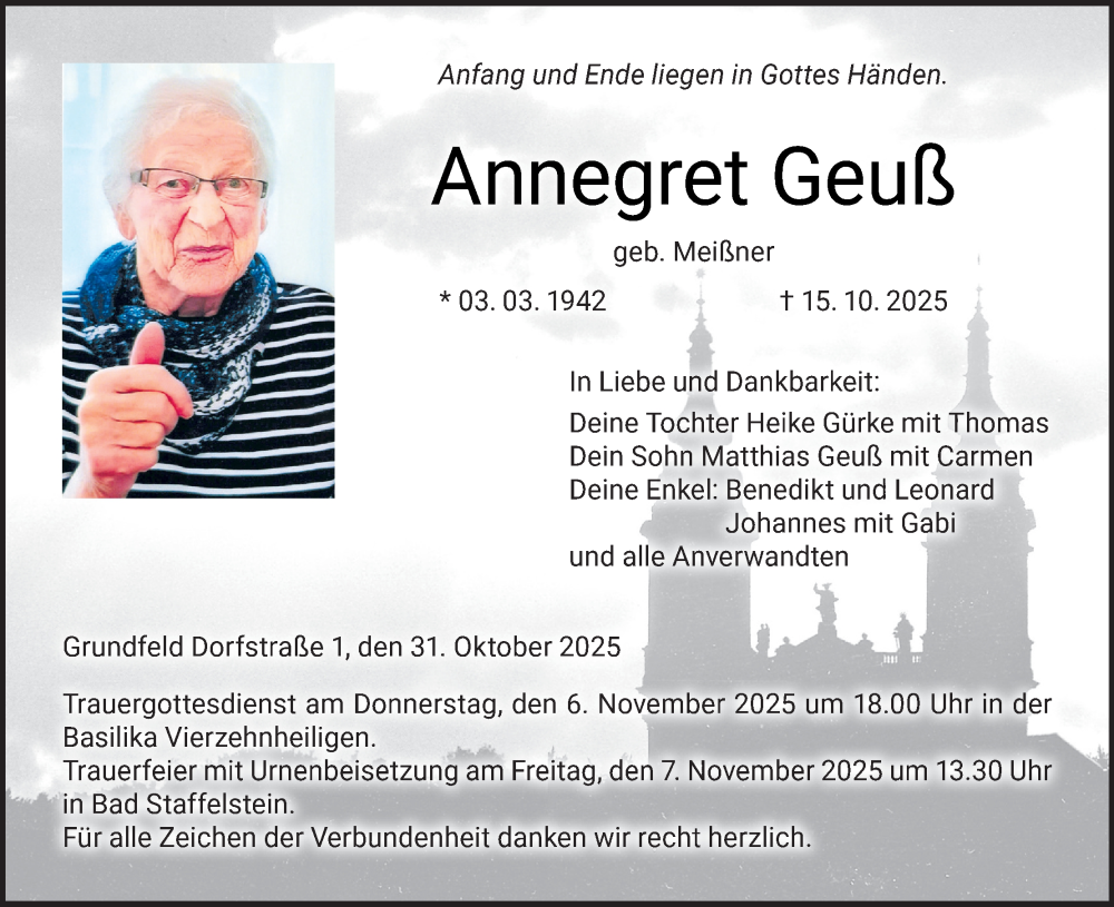  Traueranzeige für Annegret Geuß vom 31.10.2025 aus MGO