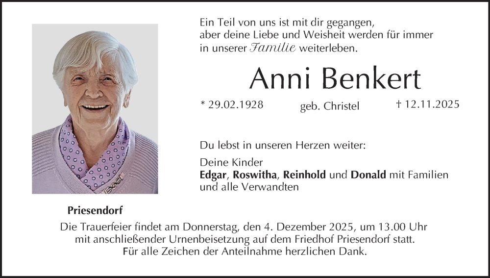  Traueranzeige für Anni Benkert vom 29.11.2025 aus MGO