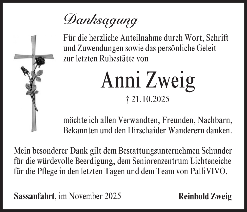  Traueranzeige für Anni Zweig vom 08.11.2025 aus MGO