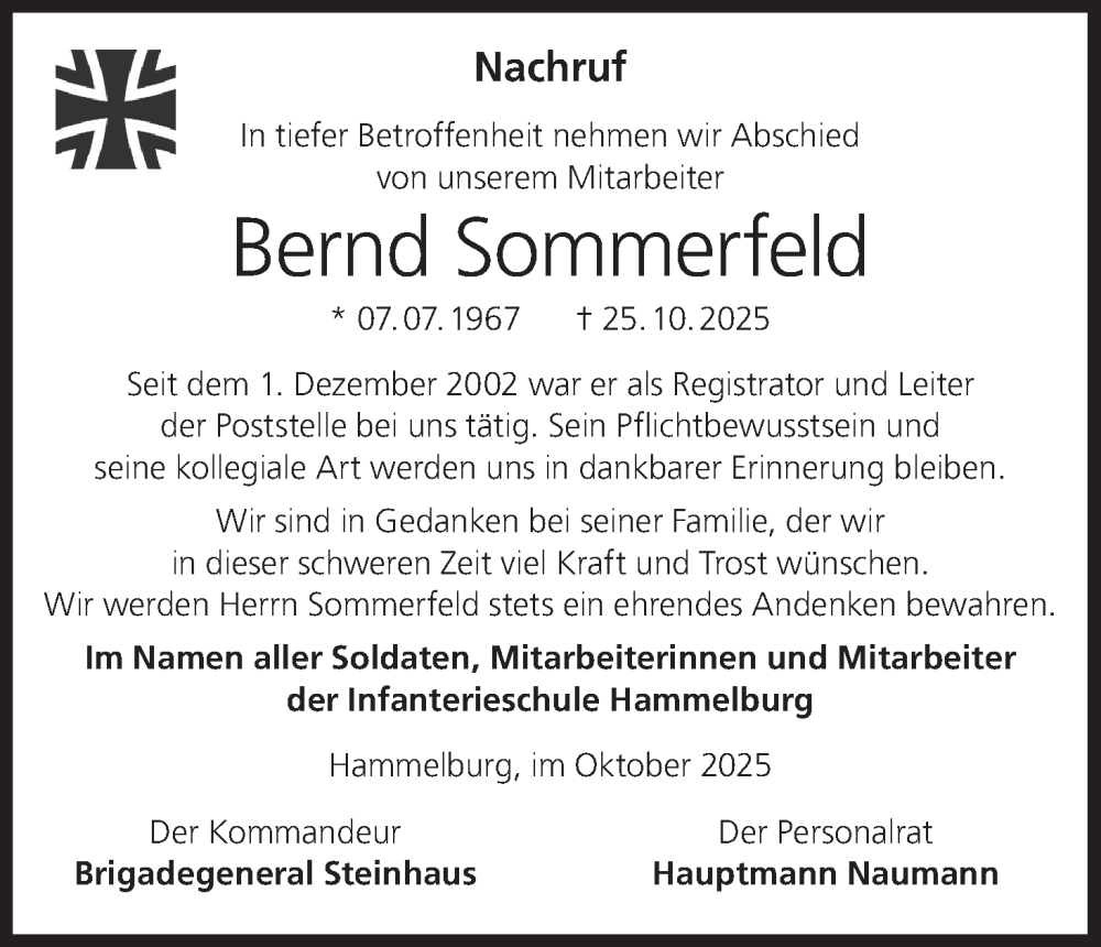  Traueranzeige für Bernd Sommerfeld vom 22.11.2025 aus MGO