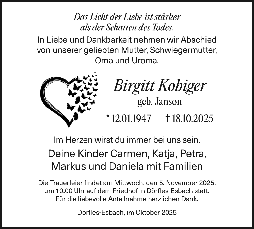  Traueranzeige für Birgitt Kobiger vom 31.10.2025 aus MGO