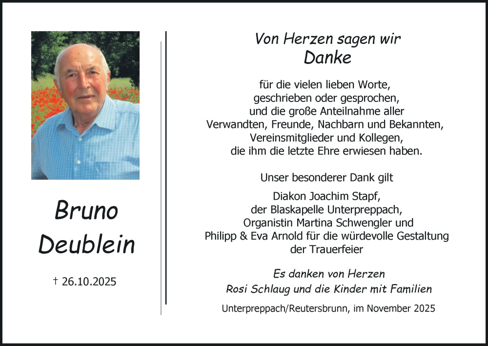  Traueranzeige für Bruno Deublein vom 22.11.2025 aus MGO