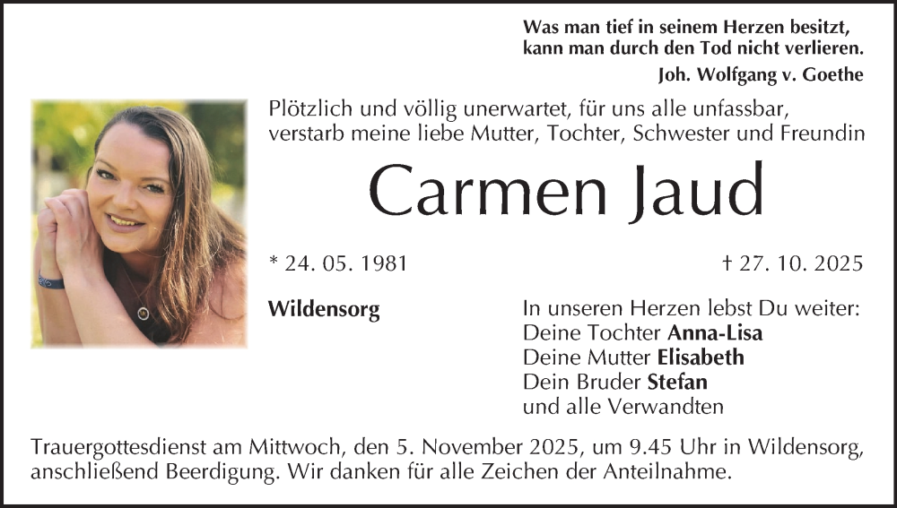  Traueranzeige für Carmen Jaud vom 31.10.2025 aus MGO