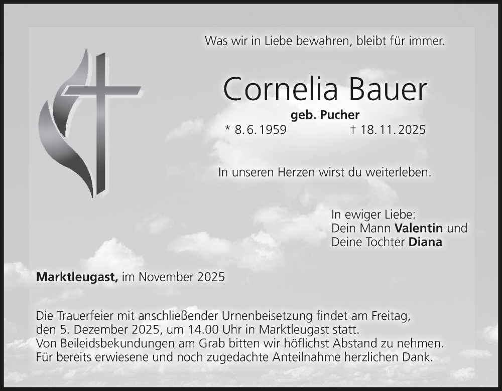  Traueranzeige für Cornelia Bauer vom 29.11.2025 aus MGO