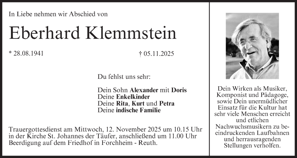  Traueranzeige für Eberhard Klemmstein vom 08.11.2025 aus MGO