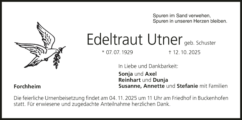  Traueranzeige für Edeltraut Utner vom 31.10.2025 aus MGO