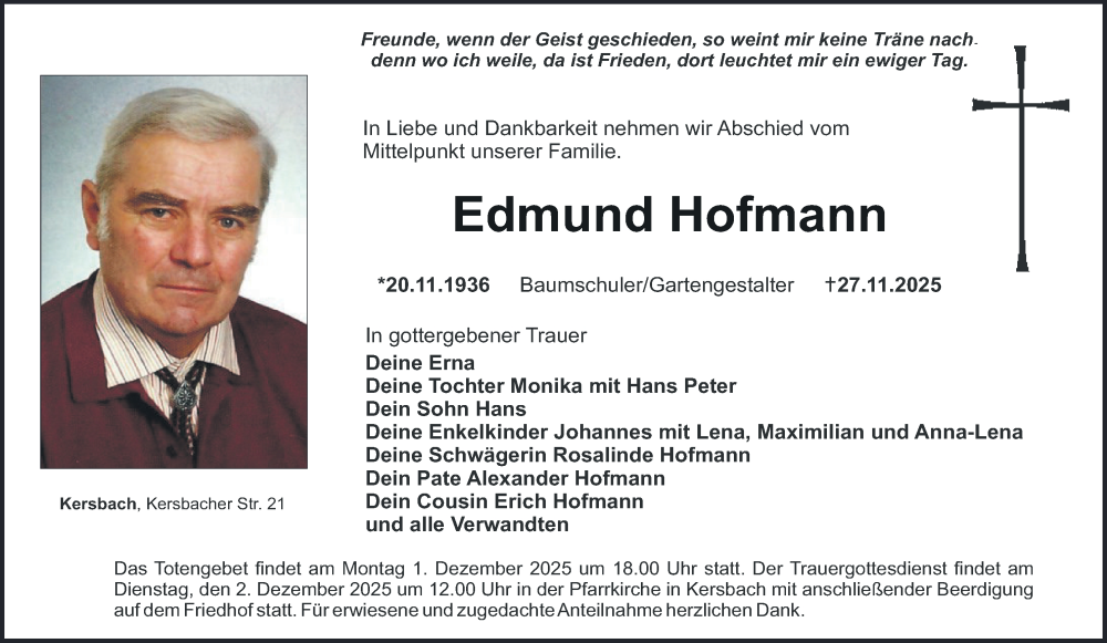  Traueranzeige für Edmund Hofmann vom 29.11.2025 aus MGO
