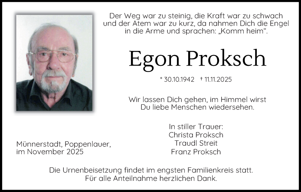  Traueranzeige für Egon Proksch vom 15.11.2025 aus MGO