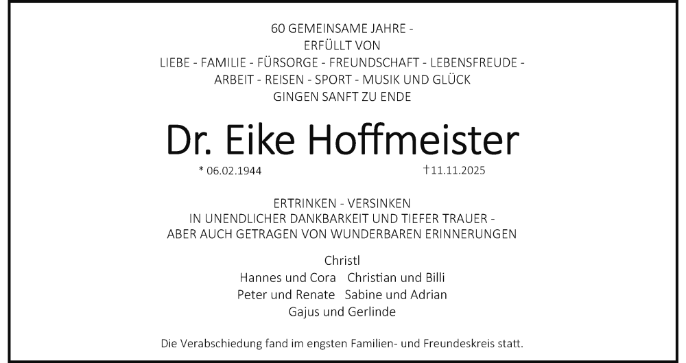  Traueranzeige für Eike Hoffmeister vom 15.11.2025 aus MGO