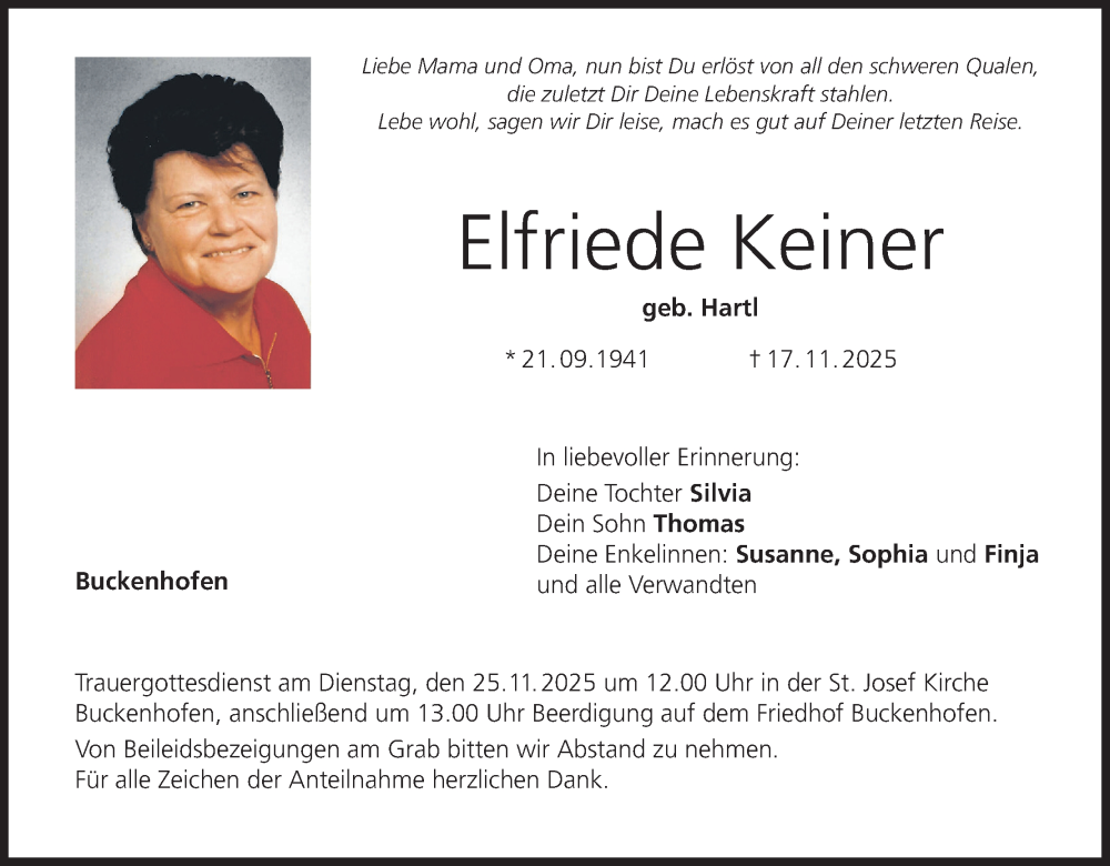  Traueranzeige für Elfriede Keiner vom 22.11.2025 aus MGO