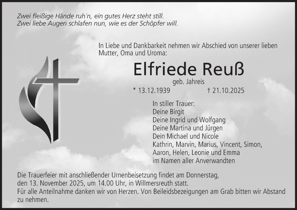  Traueranzeige für Elfriede Reuß vom 08.11.2025 aus MGO