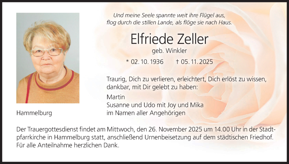  Traueranzeige für Elfriede Zeller vom 15.11.2025 aus MGO