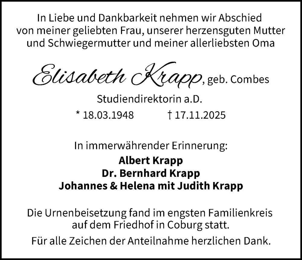  Traueranzeige für Elisabeth Krapp vom 29.11.2025 aus MGO