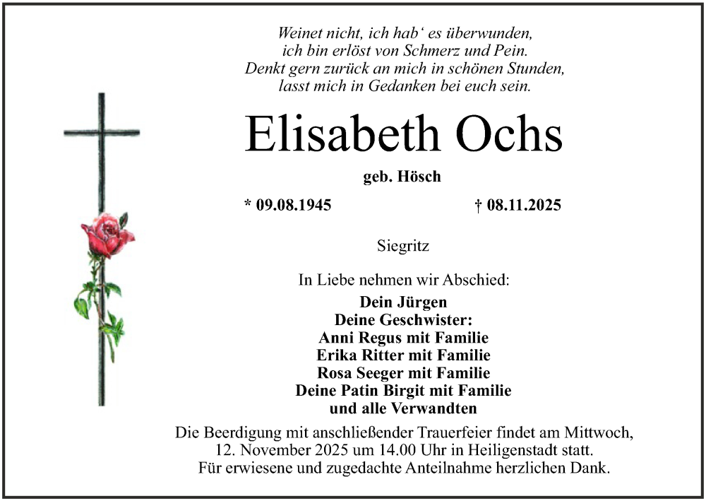  Traueranzeige für Elisabeth Ochs vom 11.11.2025 aus MGO