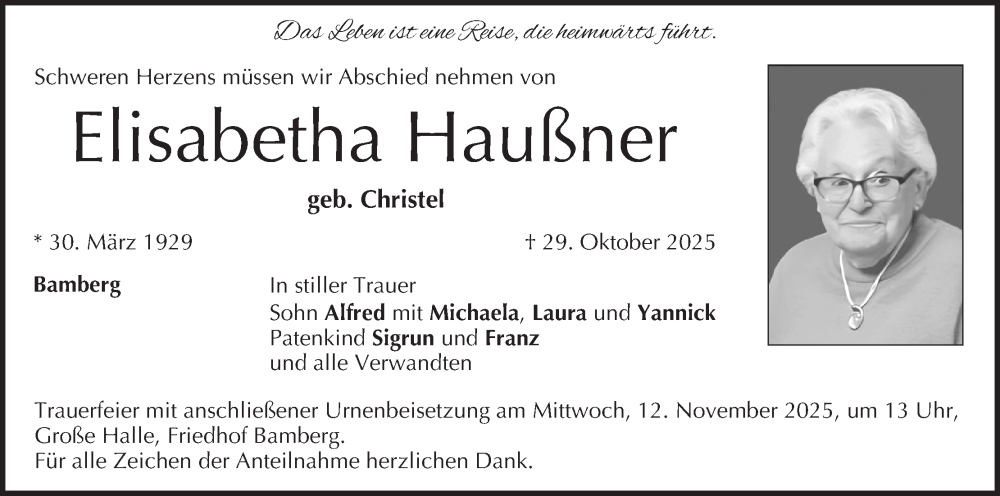  Traueranzeige für Elisabetha Haußner vom 08.11.2025 aus MGO