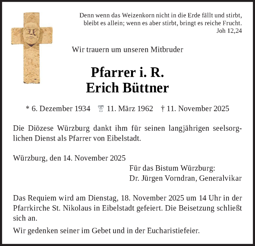 Traueranzeige für Erich Büttner vom 14.11.2025 aus MGO