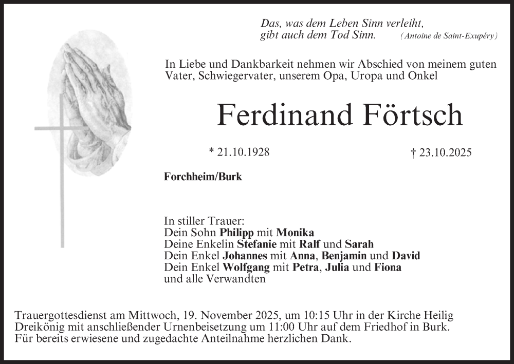  Traueranzeige für Ferdinand Förtsch vom 15.11.2025 aus MGO