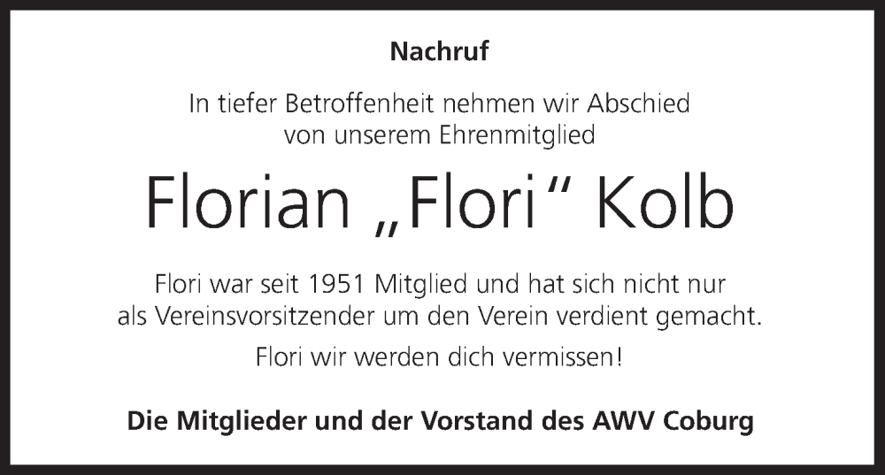  Traueranzeige für Florian Kolb vom 12.11.2025 aus MGO