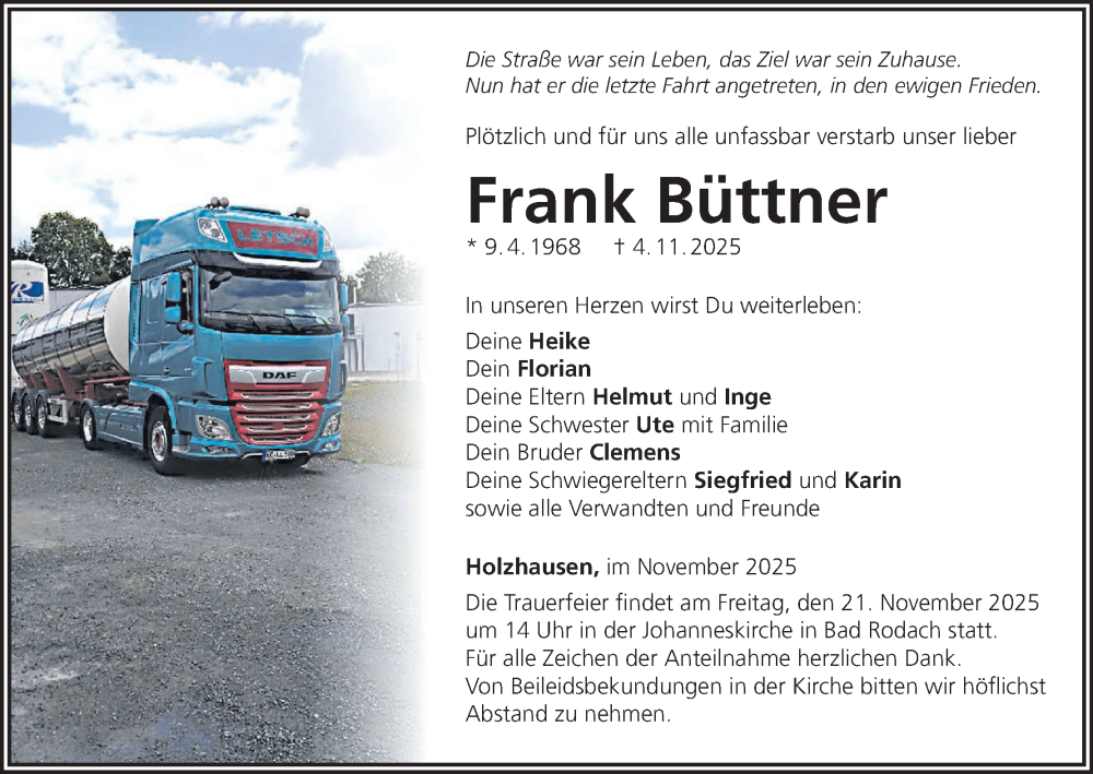  Traueranzeige für Frank Büttner vom 15.11.2025 aus MGO