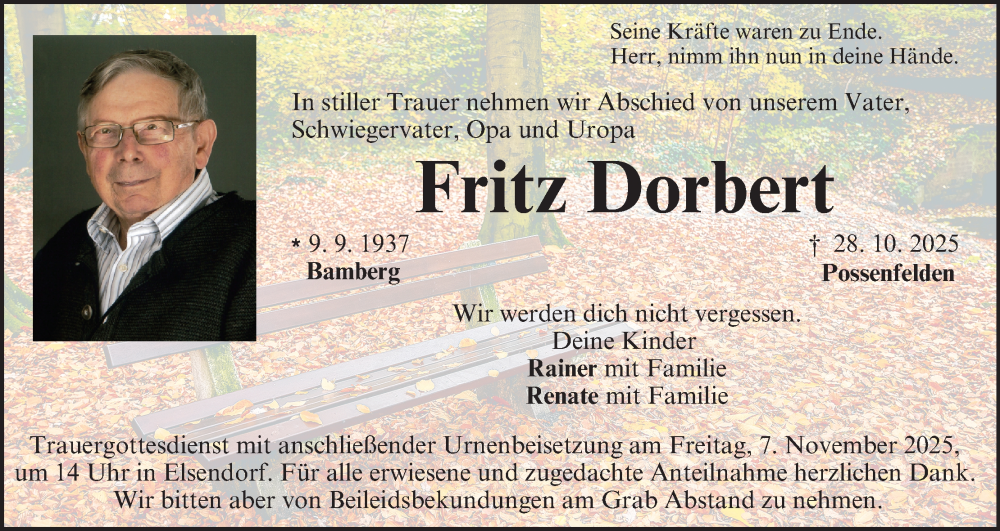  Traueranzeige für Fritz Dorbert vom 31.10.2025 aus MGO