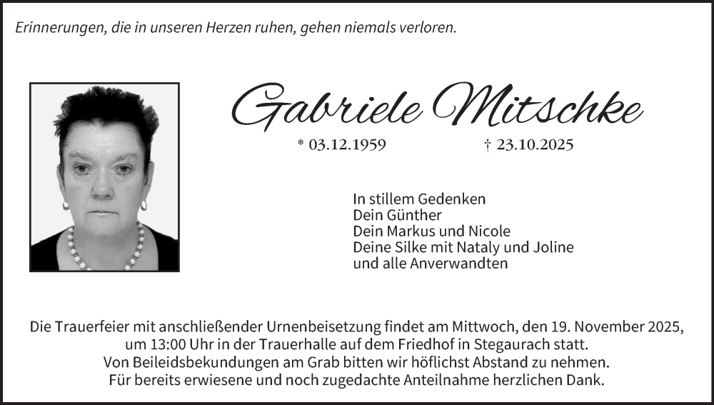  Traueranzeige für Gabriele Mitschke vom 08.11.2025 aus MGO
