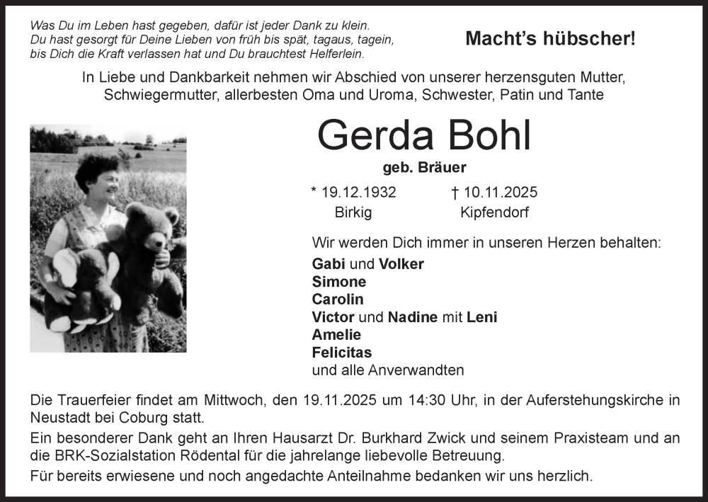 Traueranzeige für Gerda Bohl vom 15.11.2025 aus MGO