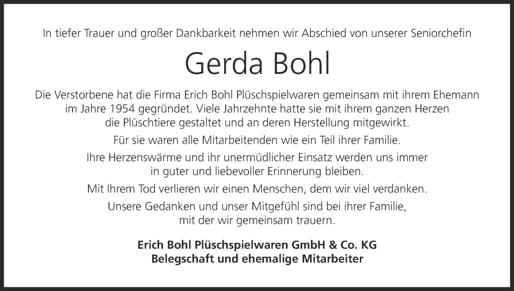  Traueranzeige für Gerda Bohl vom 15.11.2025 aus MGO
