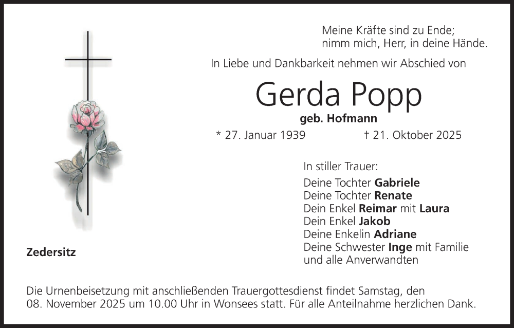  Traueranzeige für Gerda Popp vom 05.11.2025 aus MGO