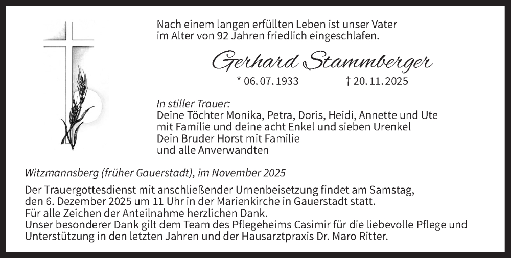  Traueranzeige für Gerhard Stammberger vom 29.11.2025 aus MGO
