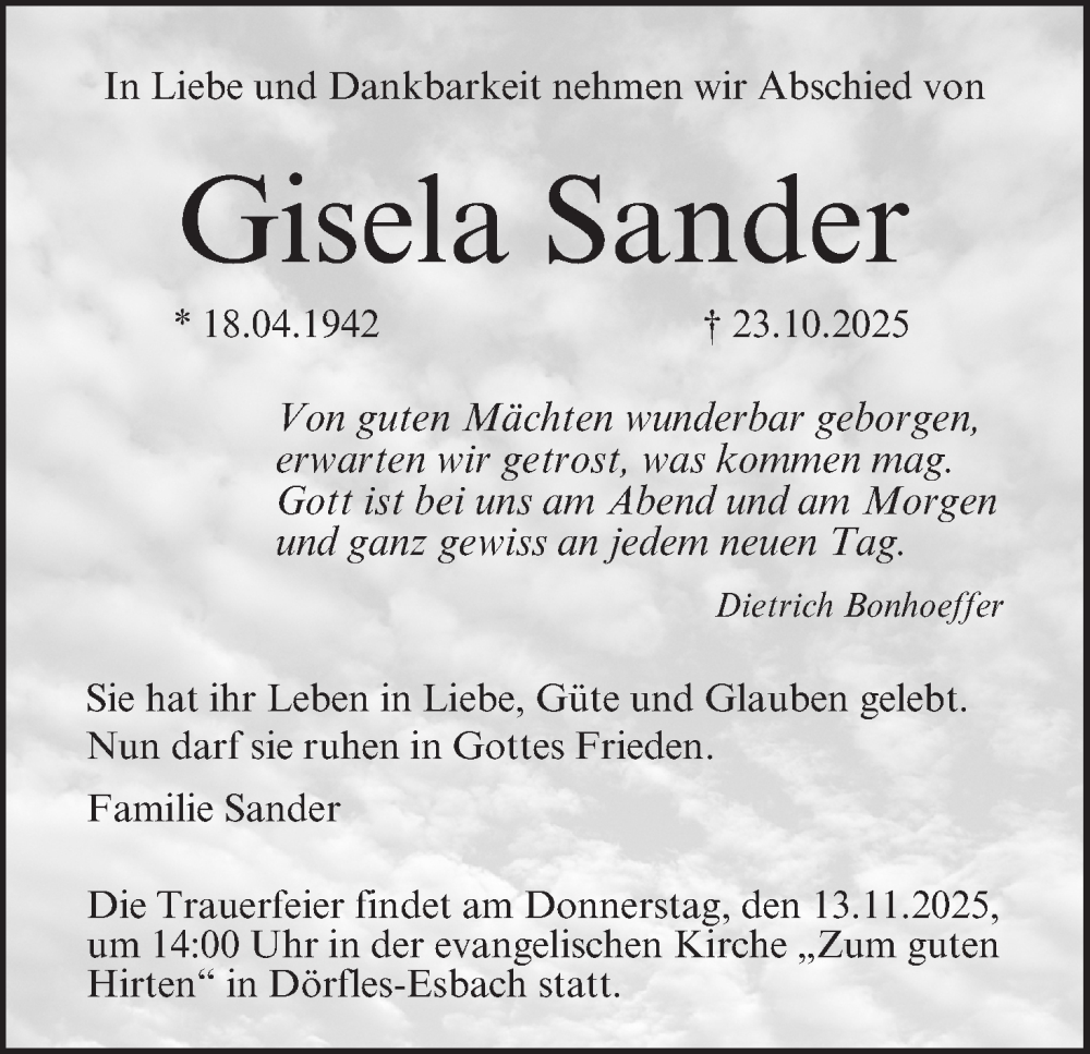  Traueranzeige für Gisela Sander vom 08.11.2025 aus MGO
