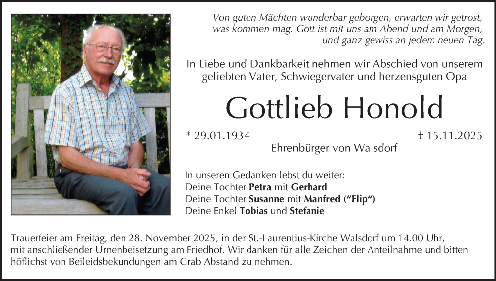  Traueranzeige für Gottlieb Honold vom 22.11.2025 aus MGO