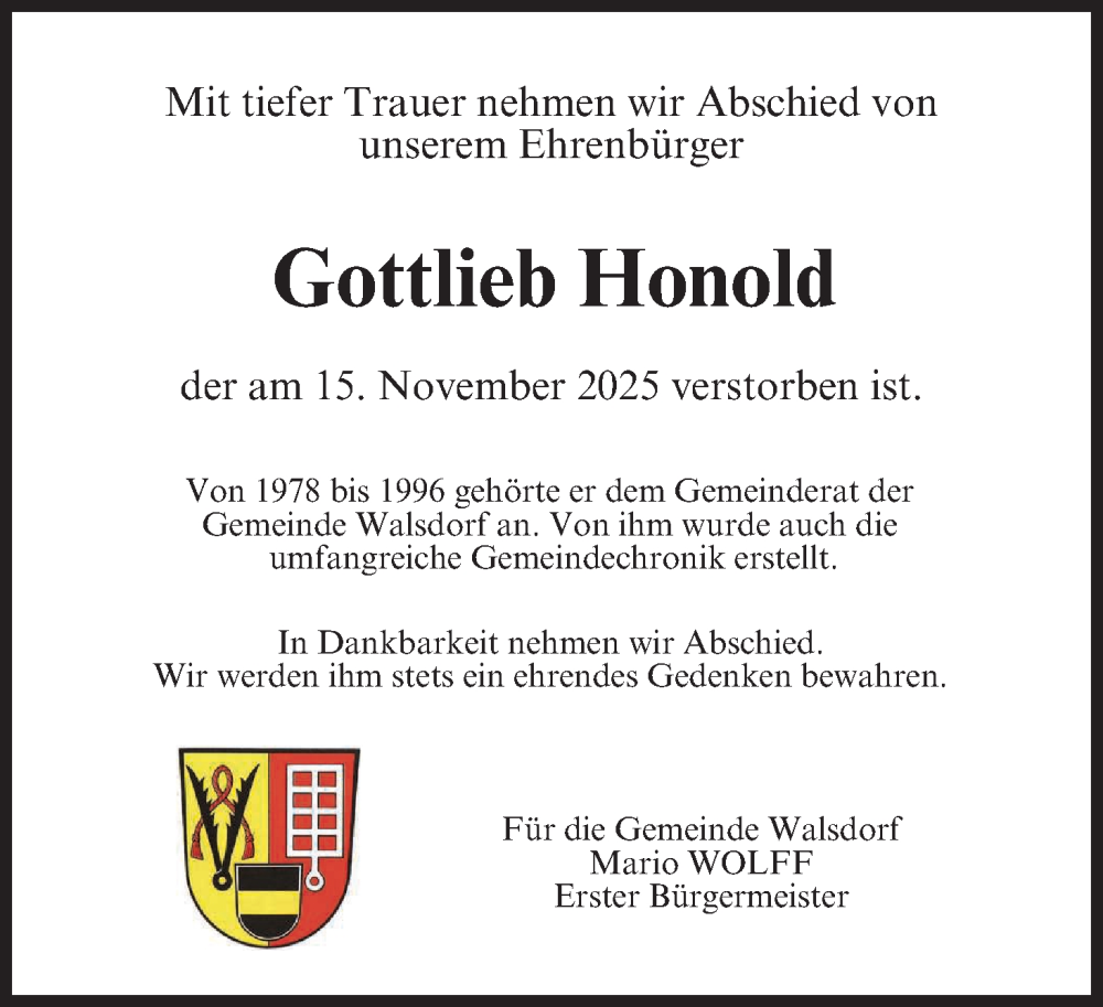  Traueranzeige für Gottlieb Honold vom 22.11.2025 aus MGO